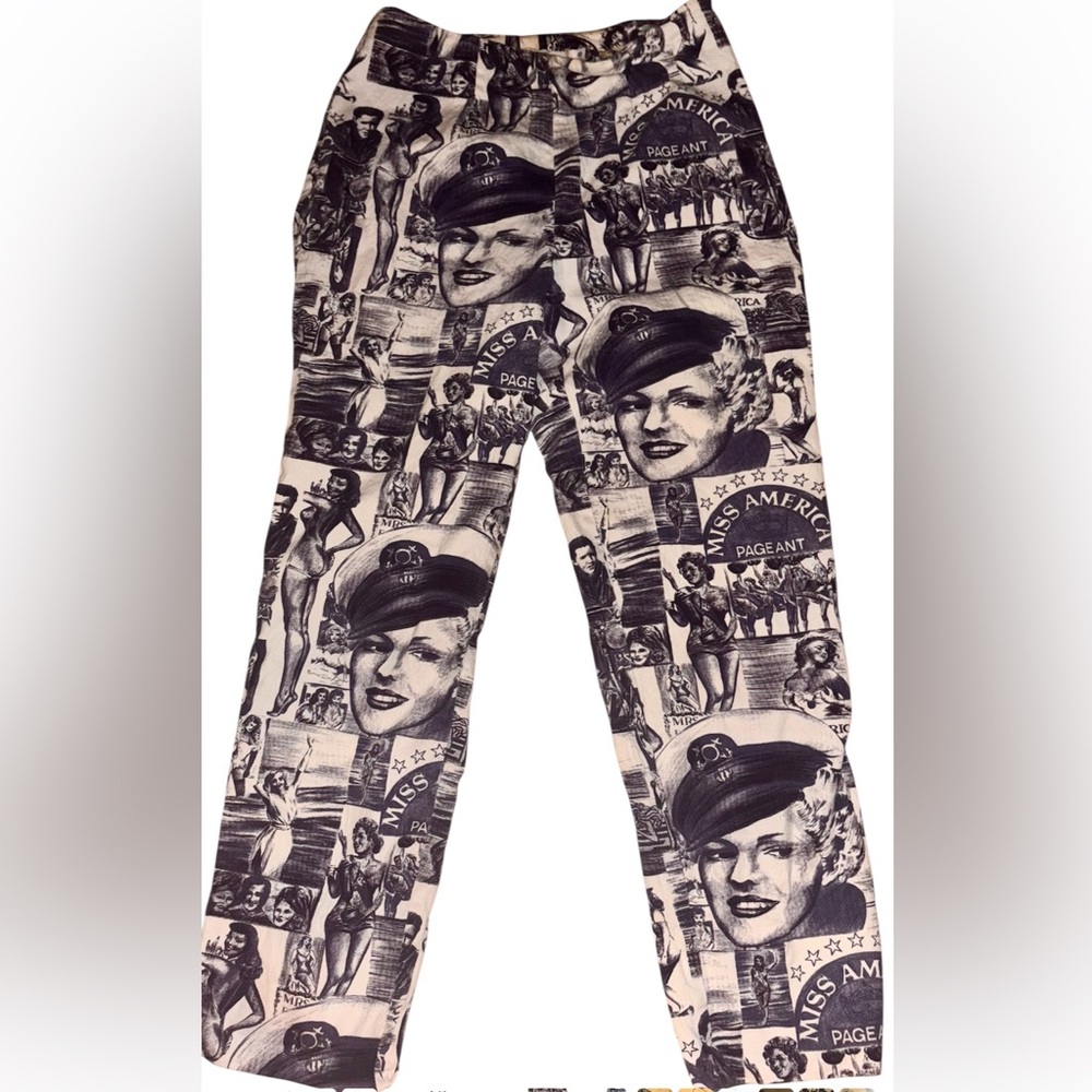 Miss America Pageant Newsprint High Rise Straight Long Jeans 8